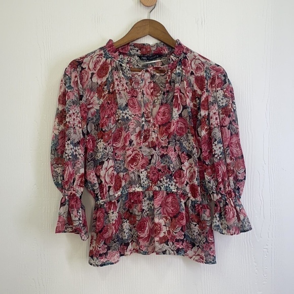 Zara - Red & Pink Floral See Thur Tie at Neck Blouse Size Small - Picture 8 of 9